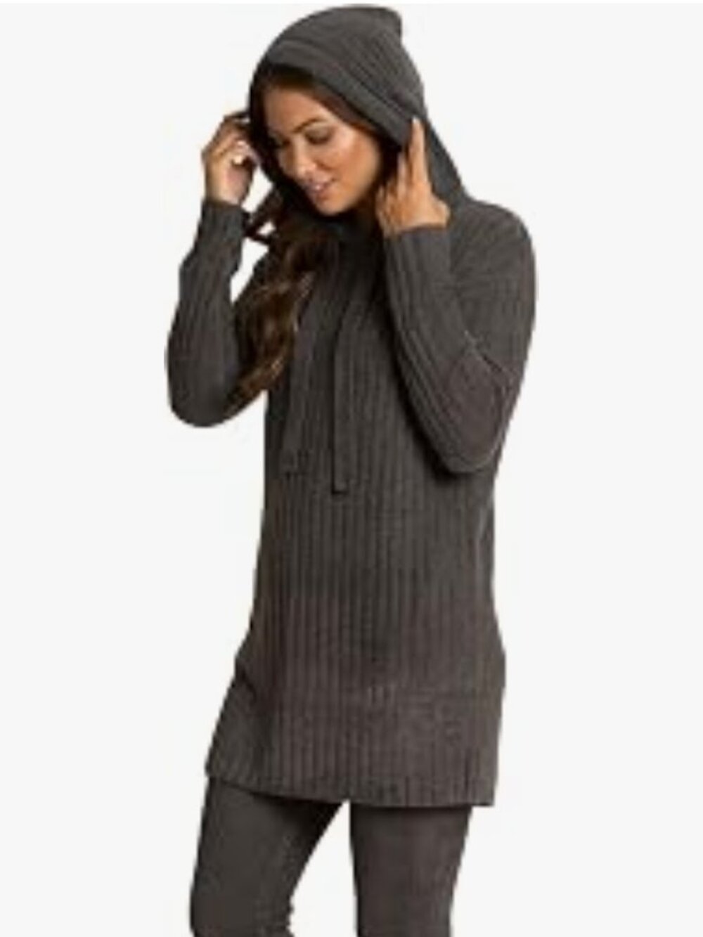 Barefoot Dreams CozyChic Lite Hooded Rib Tunic in Carbon Coastal Women's S NWT